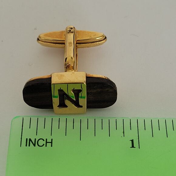 Nina Ricci N Oval Cufflinks Gold Brown Wood Tone French Designer Retro Vintage - Picture 7 of 7